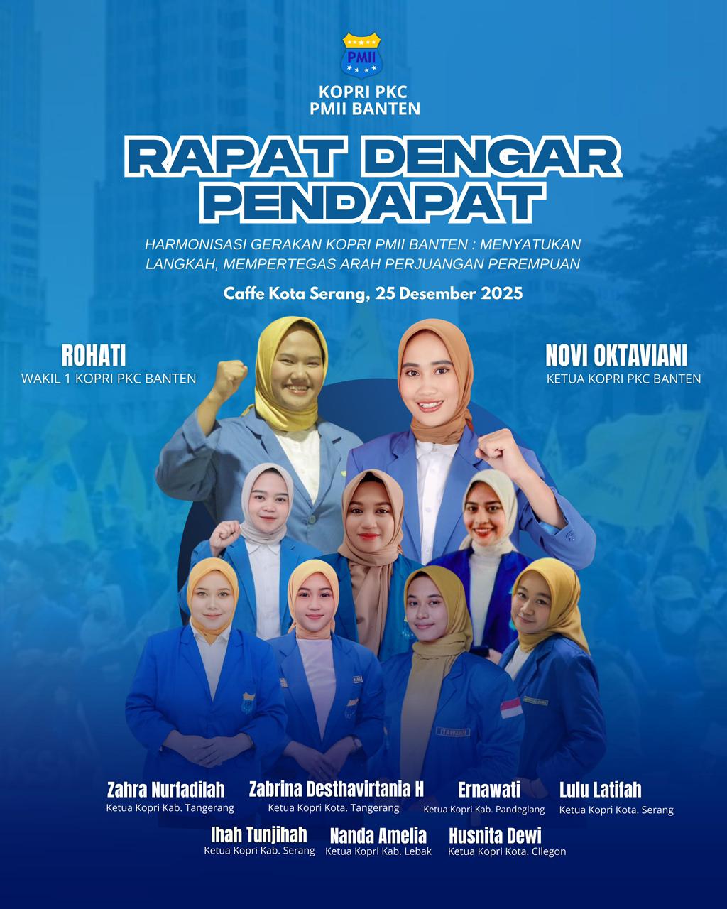 Jajaran Kopri PKC PMII Banten bersama ketua dan tim kaderisasi Kopri cabang se-Banten saat Rapat Dengar Pendapat di Kota Serang, Kamis, 25 Desember 2025