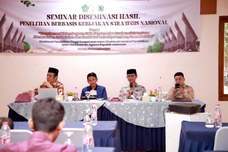 Seminar Diseminasi Hasil Penelitian Transformasi Kelembagaan ISNU yang digelar Kementerian Agama di Kota Serang, Banten, membahas peran strategis ISNU dalam pembangunan nasional menuju Indonesia Emas 2045.