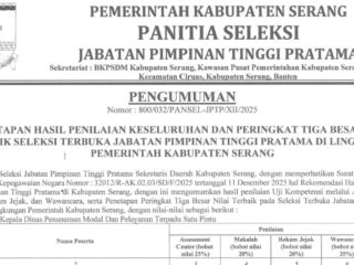 Lampiran pengumuman hasil seleksi terbuka Jabatan Pimpinan Tinggi Pratama di lingkungan Pemerintah Kabupaten Serang.