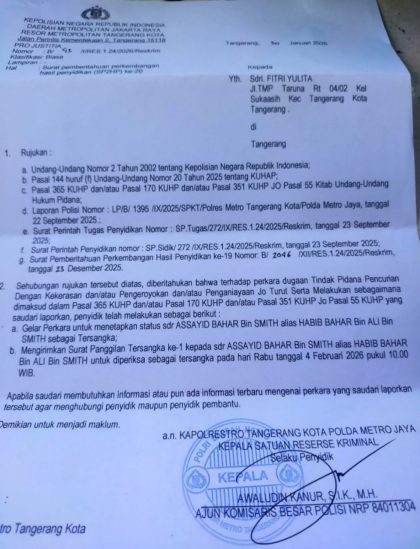 Surat Pemberitahuan Perkembangan Hasil Penyidikan (SP2HP) Polres Metro Tangerang Kota terkait penetapan Habib Bahar Bin Smith sebagai tersangka kasus dugaan persekusi kader Banser di Kota Tangerang.