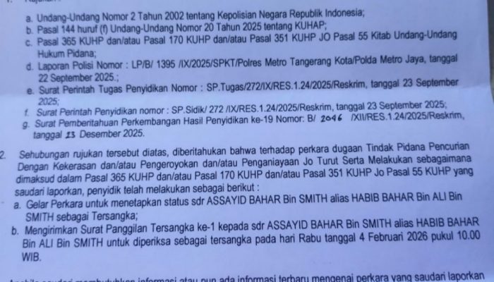 Surat Pemberitahuan Perkembangan Hasil Penyidikan (SP2HP) Polres Metro Tangerang Kota terkait penetapan Habib Bahar Bin Smith sebagai tersangka kasus dugaan persekusi kader Banser di Kota Tangerang.