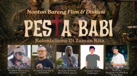 Pamflet nobar dan diskusi film “Pesta Babi” GUSDURian Serang Raya bertempat di Padepokan Kupi, Serang, yang mengangkat isu konflik agraria dan kolonialisme modern di Papua.