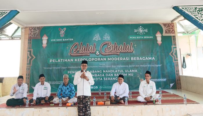 Suasana halalbihalal dan pelatihan moderasi beragama yang digelar PCNU Kota Serang bersama UIN SMH Banten di Pondok Pesantren Al-Fathaniyah Tengkele, Minggu, 12 April 2026