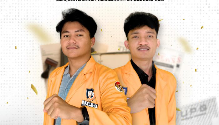Andika Cahaya Purnama dan Sulthan Abil Alghifari usai ditetapkan sebagai Presiden dan Wakil Presiden Mahasiswa Universitas Primagraha periode 2026-2027 melalui Pemilwa secara aklamasi.
