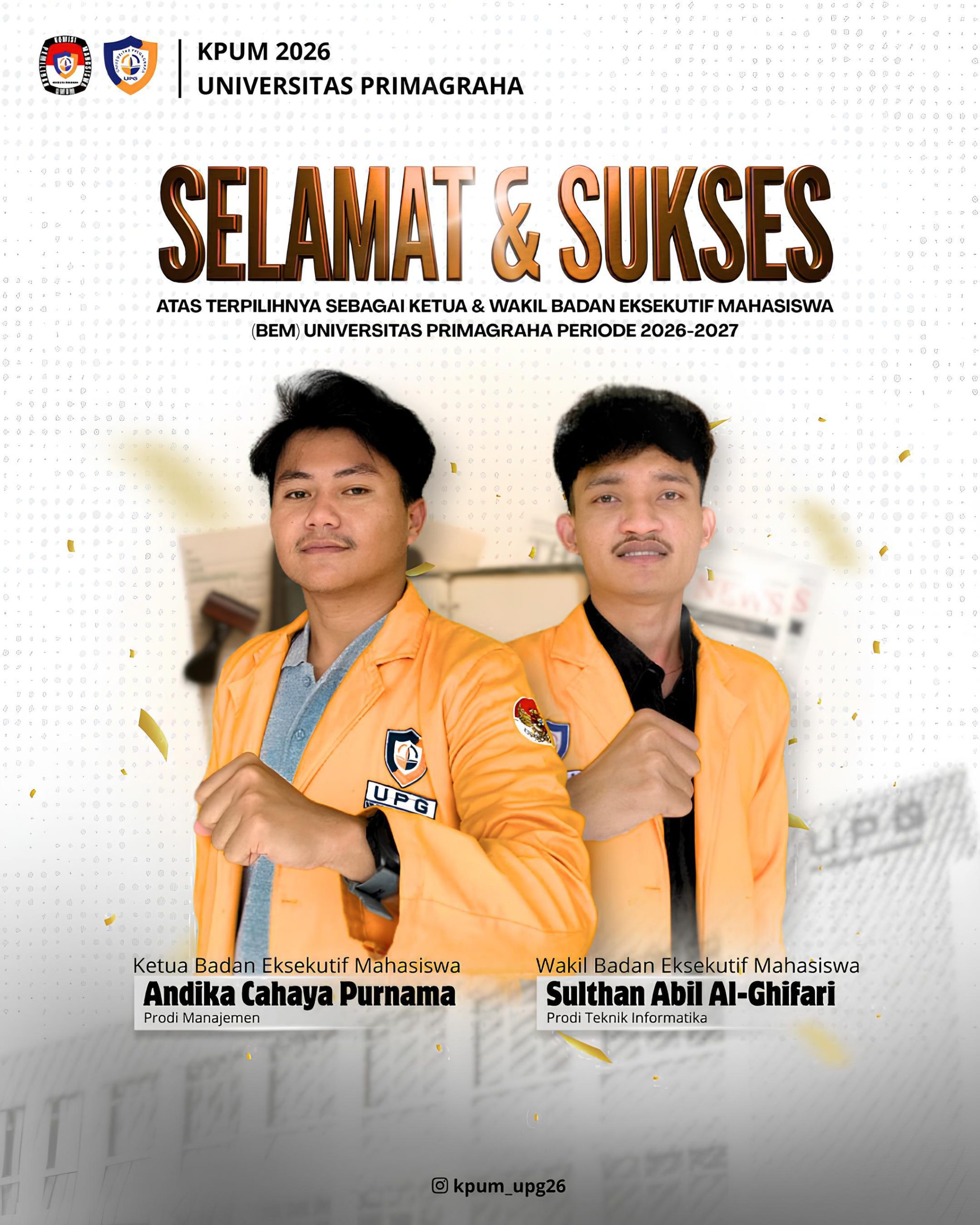 Andika Cahaya Purnama dan Sulthan Abil Alghifari usai ditetapkan sebagai Presiden dan Wakil Presiden Mahasiswa Universitas Primagraha periode 2026-2027 melalui Pemilwa secara aklamasi.