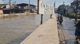 Kondisi terkini aliran Kali Ciputat kecil di sekitar Pintu Air Nuri yang mengalami pendangkalan dan dipenuhi vegetasi liar.