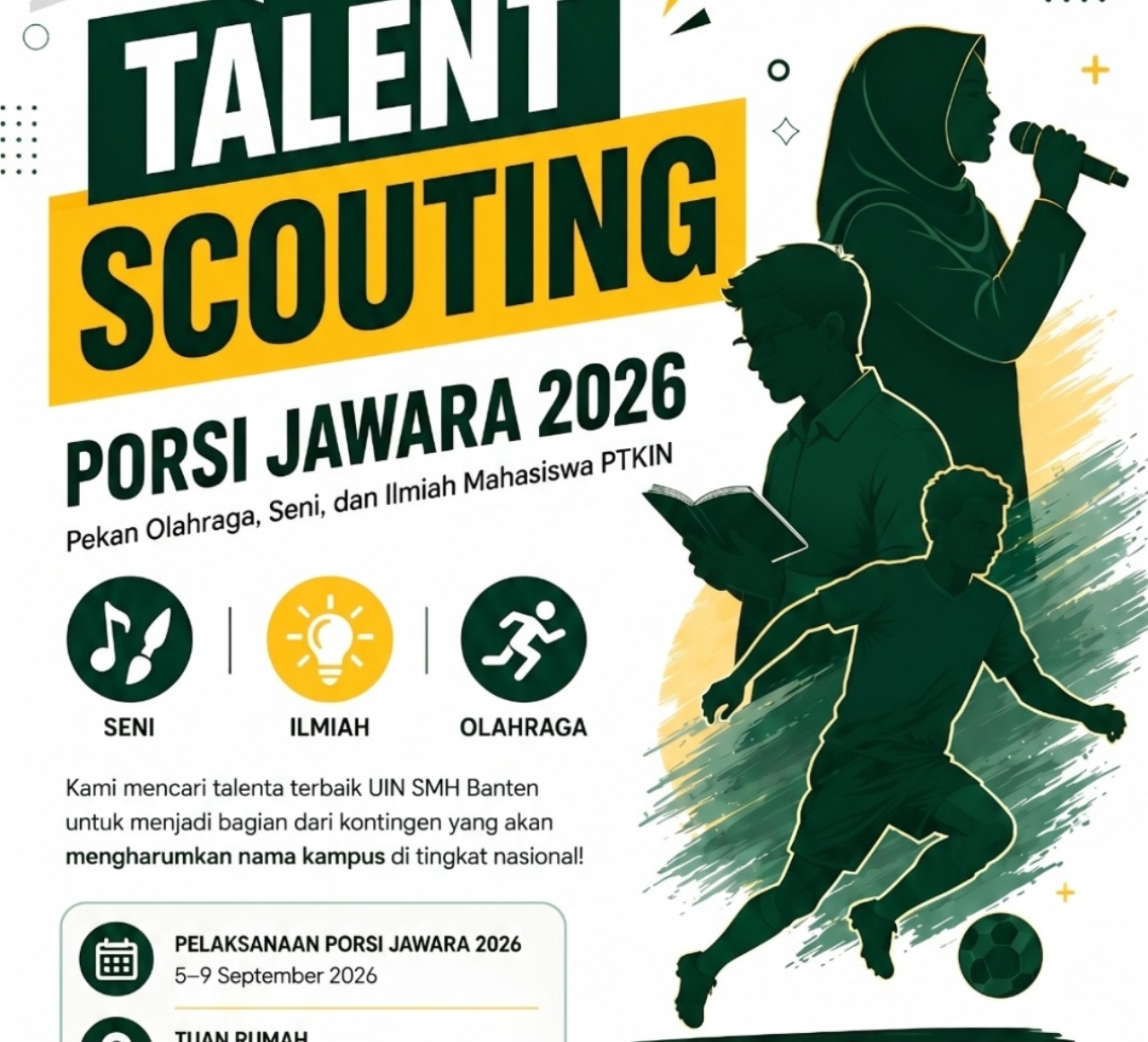 Mahasiswa UIN SMH Banten mengikuti kegiatan akademik di kampus. UIN SMH Banten mulai membuka Talent Scouting PORSI PTKIN 2026 untuk mencari talenta terbaik di bidang olahraga, seni, dan ilmiah.