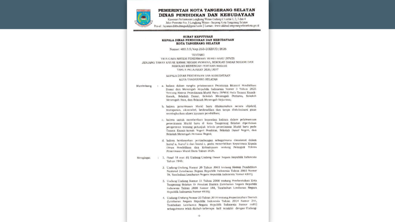 SPMB Tangsel 2026 resmi dimulai untuk jenjang TK, SD, dan SMP Negeri. Jalur domisili menjadi prioritas utama dengan kuota terbesar. Simak syarat, jadwal lengkap, dan aturan terbaru agar tidak gagal daftar.