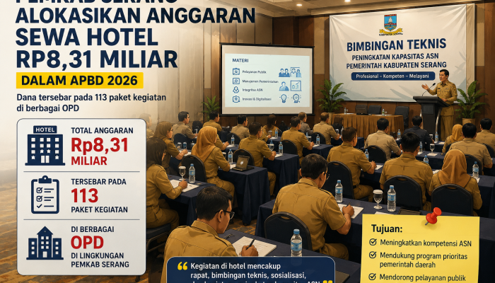 Ilustrasi kegiatan rapat atau forum pemerintah daerah di sebuah hotel. Pemkab Serang mengalokasikan anggaran belanja sewa hotel sebesar Rp8,31 miliar dalam APBD 2026 yang tersebar pada 113 paket kegiatan di berbagai OPD.