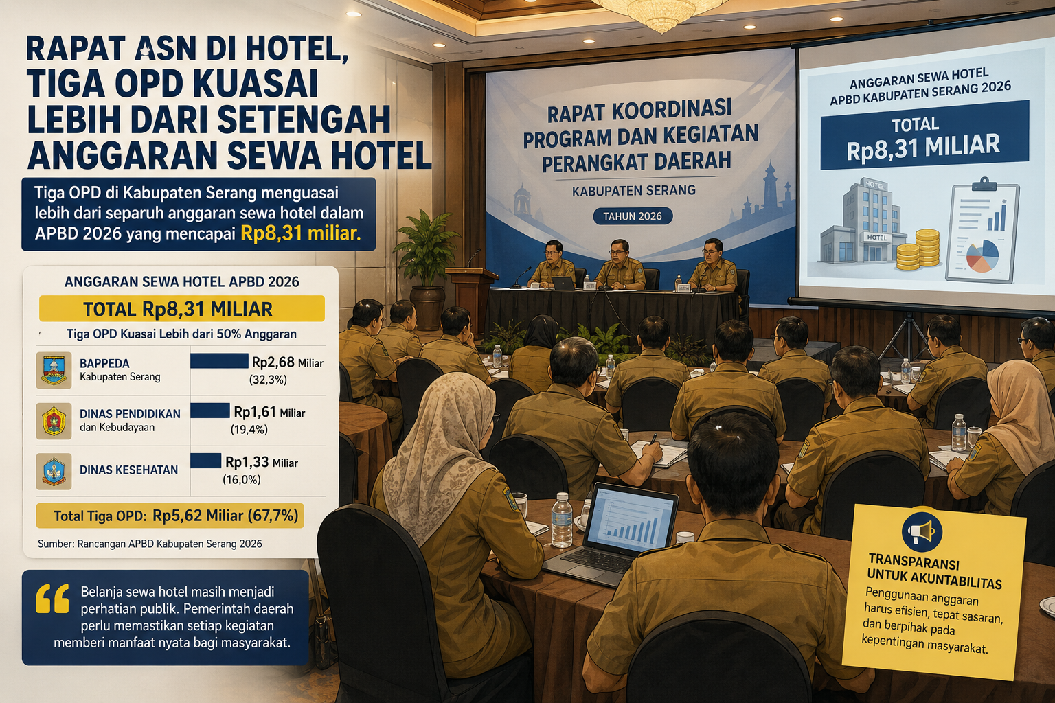 Ilustrasi kegiatan rapat pemerintah daerah di hotel. Tiga OPD menjadi penyerap terbesar anggaran sewa hotel dalam APBD Kabupaten Serang Tahun 2026.