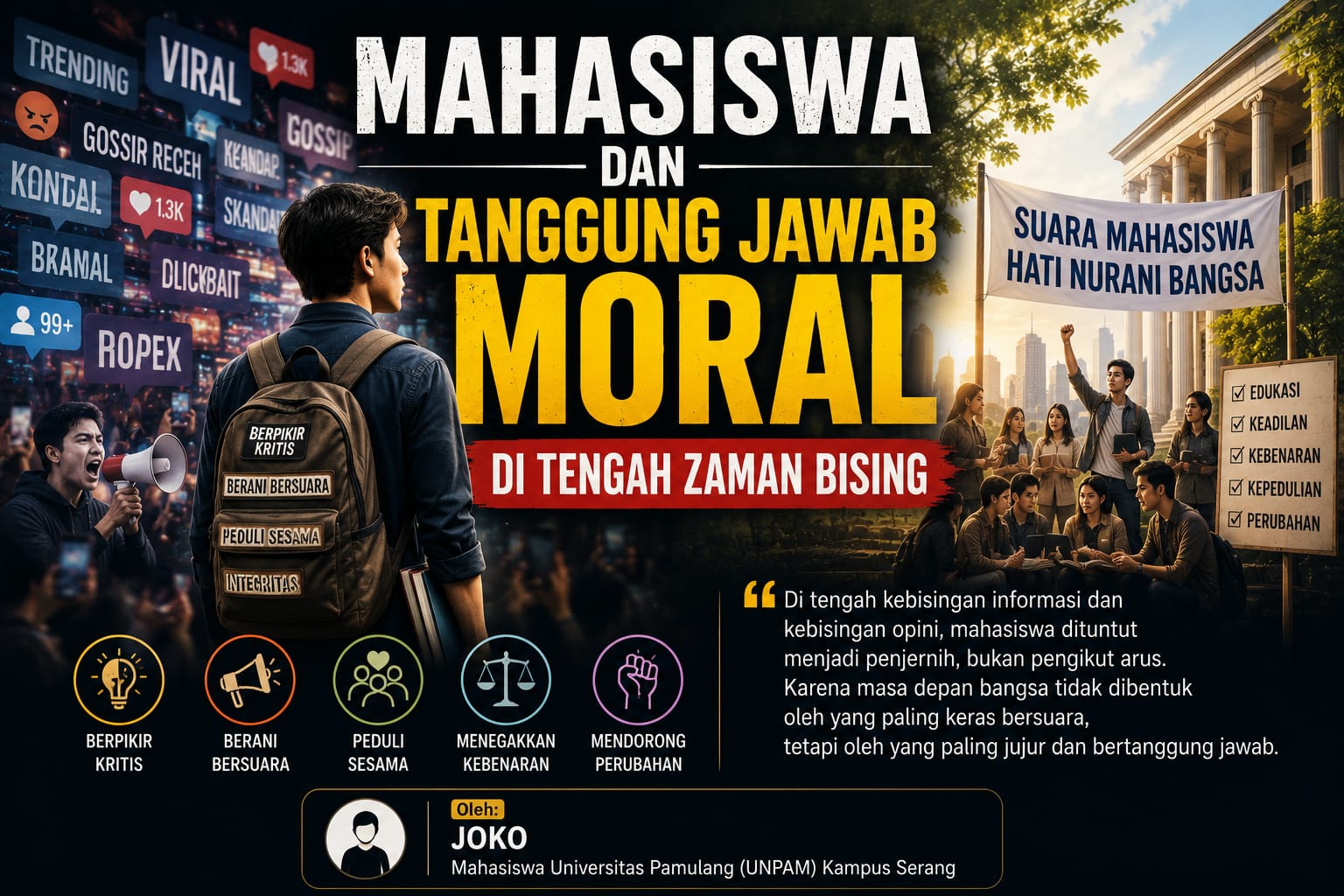 Mahasiswa dan Tanggung Jawab Moral di Tengah Zaman Bising, opini ini ditulis oleh Joko Mahasiswa Universitas Pamulang (UNPAM) Kampus Serang.