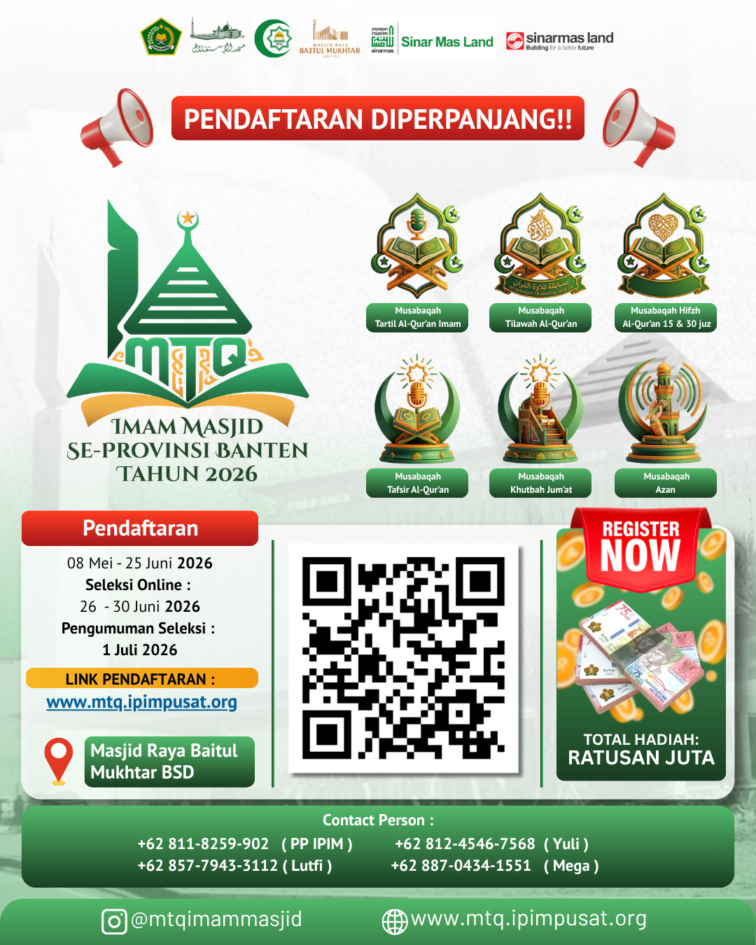 Panitia memperpanjang masa pendaftaran Musabaqah Tilawatil Qur'an (MTQ) Imam Masjid se-Provinsi Banten 2026 hingga 25 Juni untuk memberikan kesempatan lebih luas kepada peserta dari seluruh daerah
