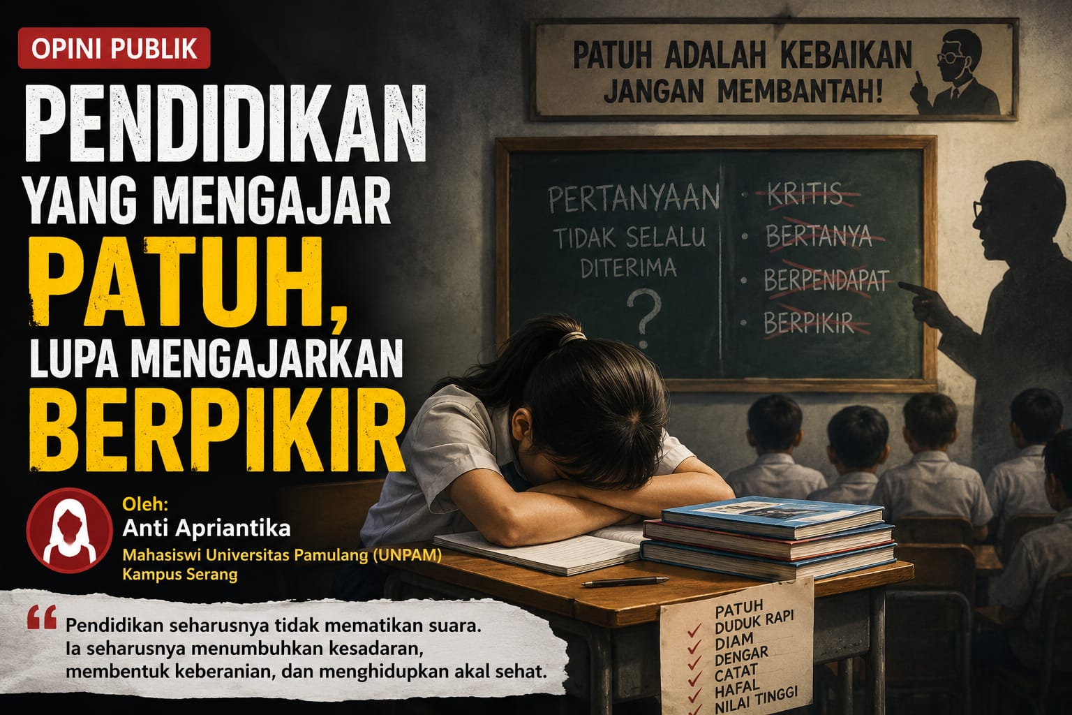 Pendidikan yang Mengajar Patuh, Lupa Mengajarkan Berpikir, opini ini ditulis oleh Anti Apriantika Mahasiswi Universitas Pamulang (UNPAM) Kampus Serang.