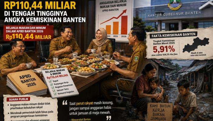 Seorang warga di Kabupaten Pandeglang mendorong gerobak berisi barang bekas saat mencari nafkah. Potret ini menggambarkan kondisi masyarakat yang masih berjuang memenuhi kebutuhan hidup di tengah sorotan terhadap besarnya anggaran makan dan minum dalam APBD Banten 2026.