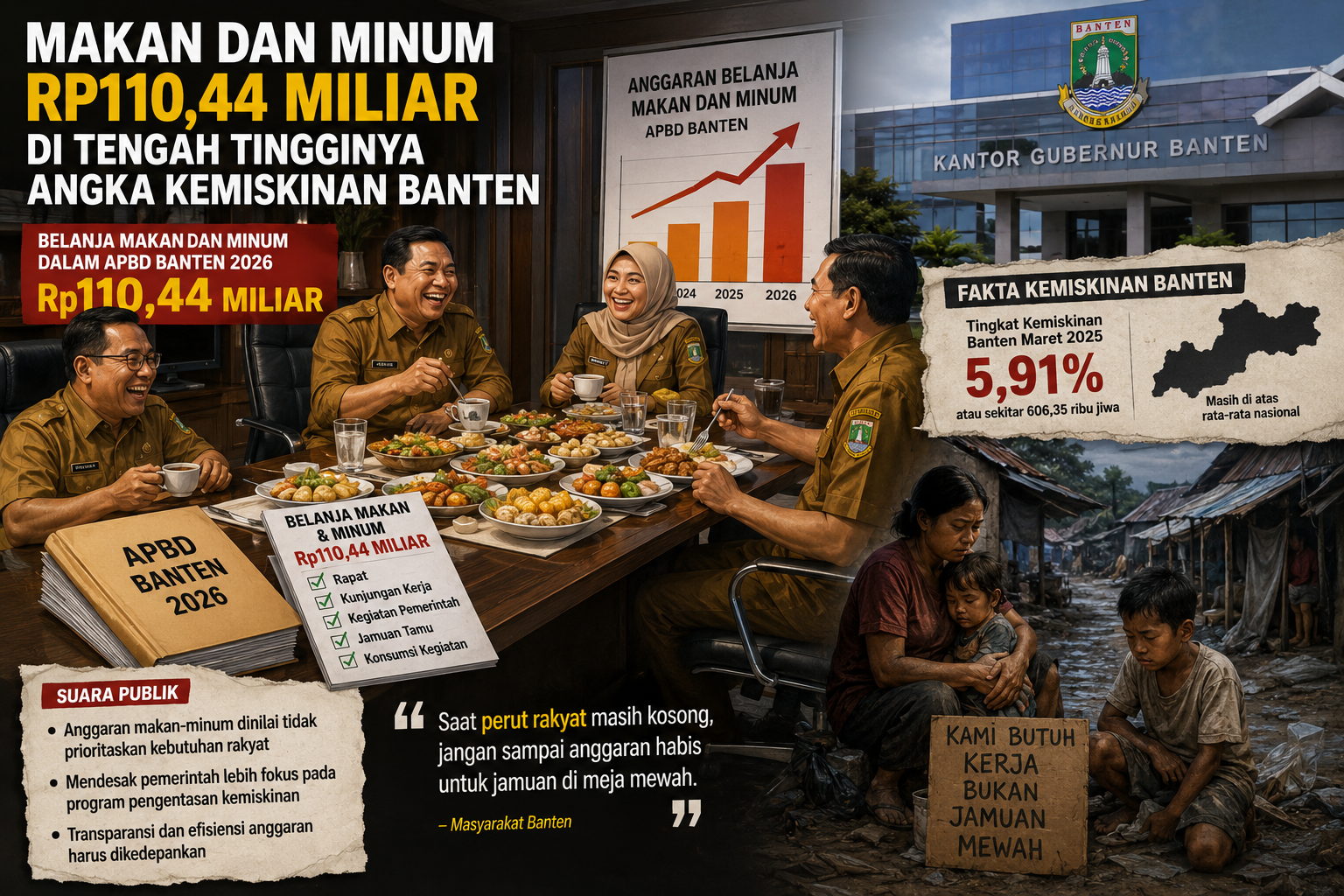 Seorang warga di Kabupaten Pandeglang mendorong gerobak berisi barang bekas saat mencari nafkah. Potret ini menggambarkan kondisi masyarakat yang masih berjuang memenuhi kebutuhan hidup di tengah sorotan terhadap besarnya anggaran makan dan minum dalam APBD Banten 2026.