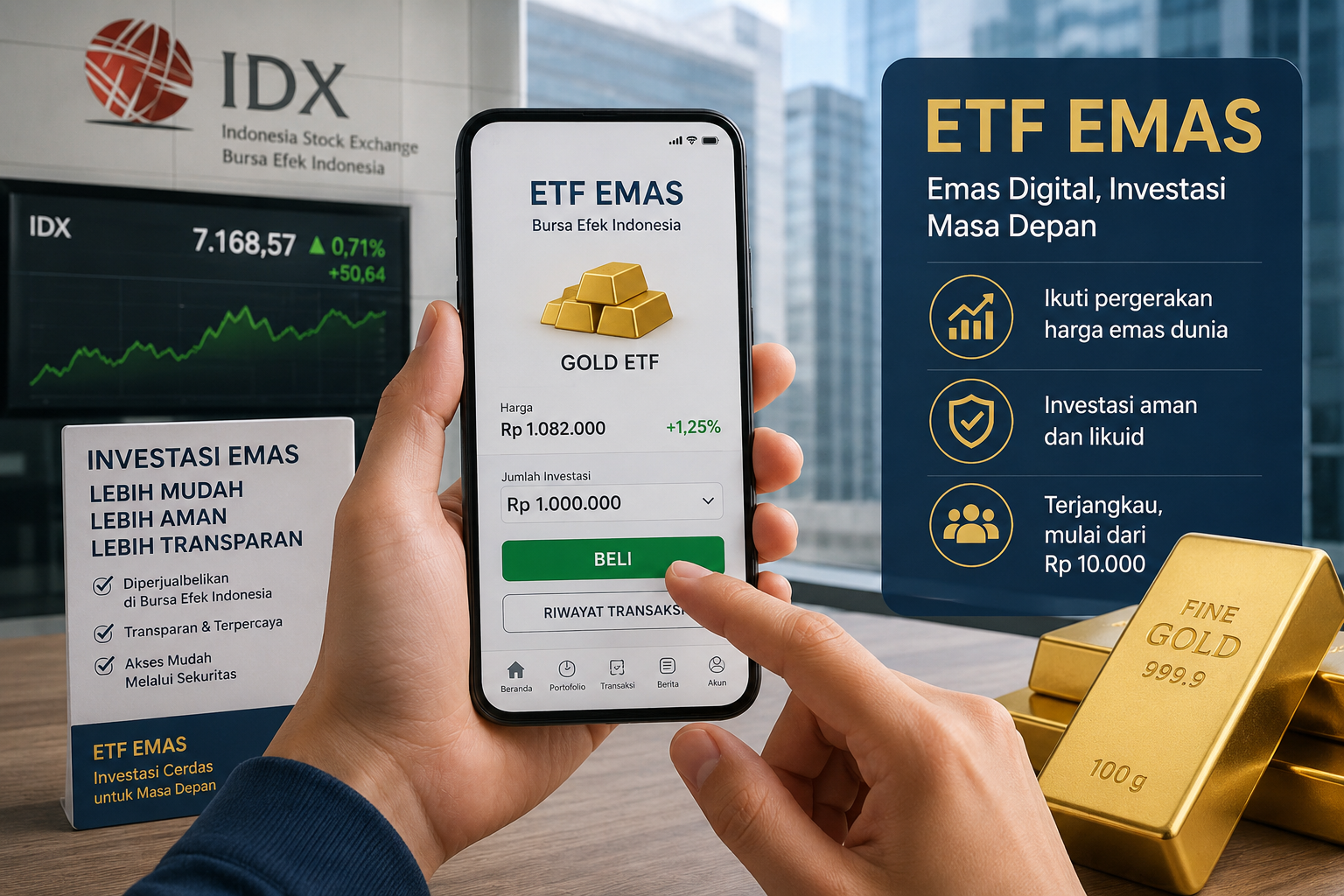 Ilustrasi transaksi investasi emas digital di Bursa Efek Indonesia. Kehadiran ETF Emas diharapkan memperluas pilihan investasi sekaligus mempermudah masyarakat mendapatkan eksposur terhadap harga emas.