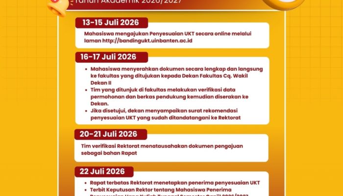 Kampus UIN Sultan Maulana Hasanuddin Banten membuka pengajuan penyesuaian UKT Semester Ganjil 2026/2027 dan memberikan potongan UKT 50 persen bagi mahasiswa semester 13 ke atas.