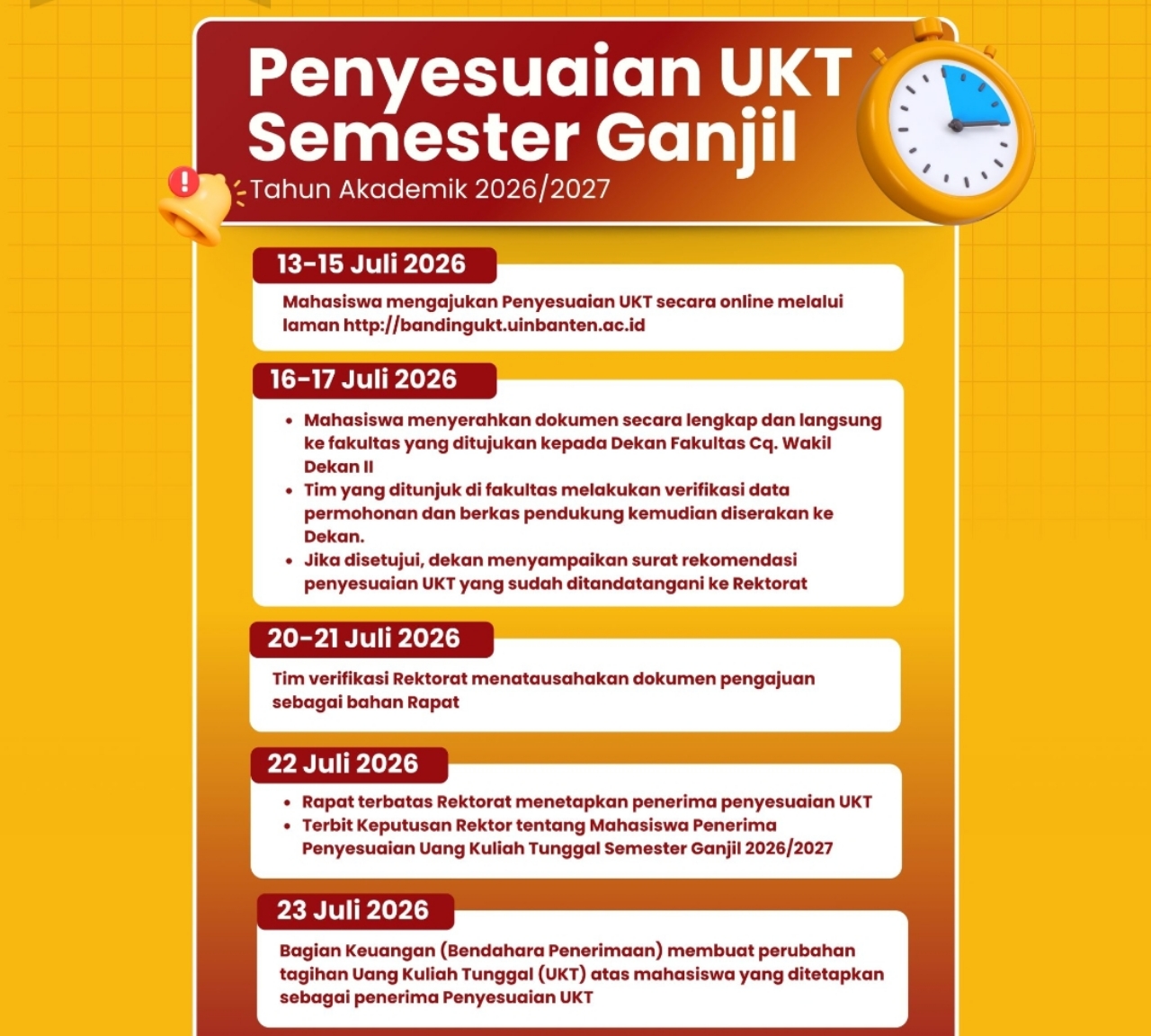 Kampus UIN Sultan Maulana Hasanuddin Banten membuka pengajuan penyesuaian UKT Semester Ganjil 2026/2027 dan memberikan potongan UKT 50 persen bagi mahasiswa semester 13 ke atas.