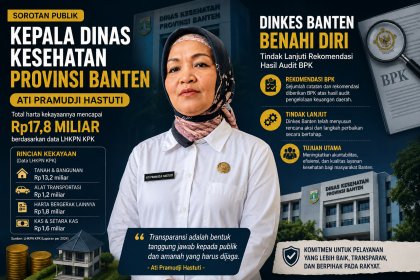 Kepala Dinas Kesehatan Provinsi Banten, Ati Pramudji Hastuti. Total harta kekayaannya mencapai sekitar Rp17,8 miliar berdasarkan data LHKPN KPK, sementara Dinkes Banten juga tengah menindaklanjuti sejumlah rekomendasi hasil audit BPK.
