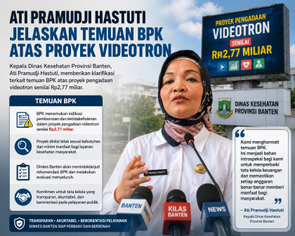 Kepala Dinas Kesehatan Provinsi Banten, Ati Pramudji Hastuti, memberikan penjelasan terkait temuan BPK atas proyek pengadaan videotron senilai Rp2,77 miliar.
