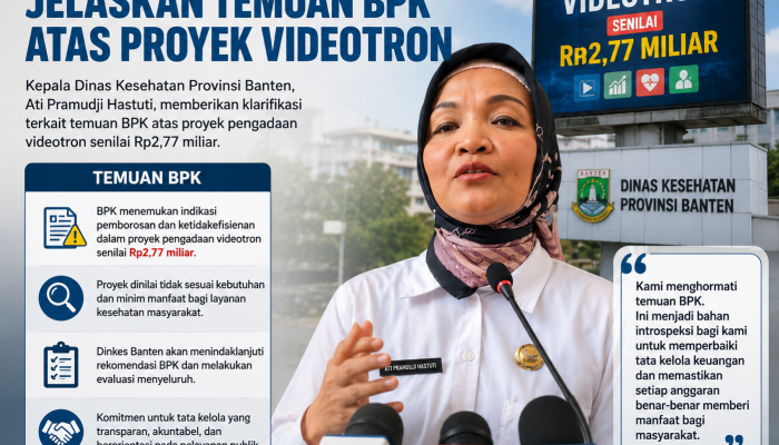 Kepala Dinas Kesehatan Provinsi Banten, Ati Pramudji Hastuti, memberikan penjelasan terkait temuan BPK atas proyek pengadaan videotron senilai Rp2,77 miliar.