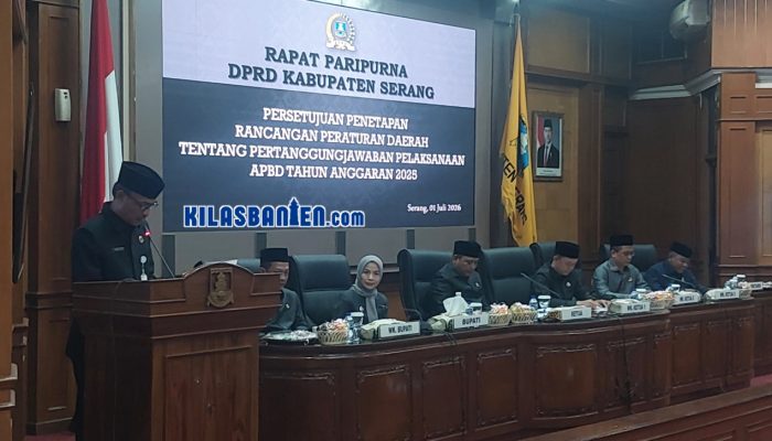 Rapat Paripurna DPRD Kabupaten Serang saat menetapkan Raperda Pertanggungjawaban Pelaksanaan APBD Tahun Anggaran 2025 menjadi Peraturan Daerah pada 1 Juli 2026. (Redaksi Kilas Banten)