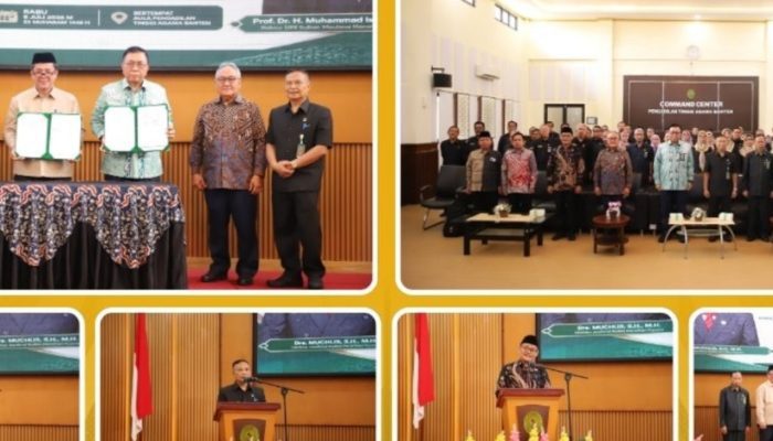 Rektor UIN SMH Banten Prof. Muhammad Ishom bersama jajaran Ditjen Badilag Mahkamah Agung RI usai penandatanganan nota kesepahaman untuk memperkuat pendidikan hukum dan pengembangan sumber daya manusia peradilan agama, Rabu, 8 Juli 2026