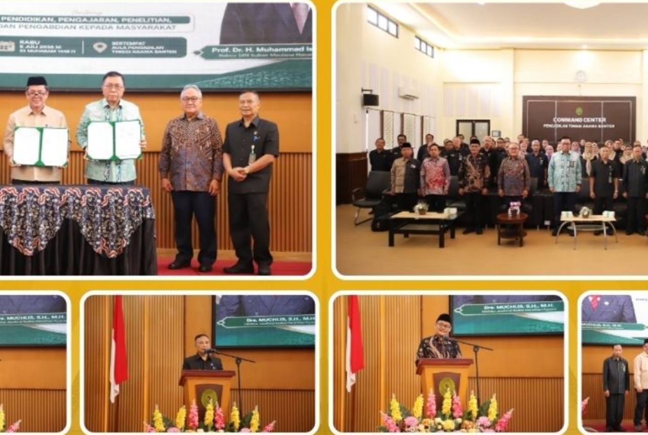 Rektor UIN SMH Banten Prof. Muhammad Ishom bersama jajaran Ditjen Badilag Mahkamah Agung RI usai penandatanganan nota kesepahaman untuk memperkuat pendidikan hukum dan pengembangan sumber daya manusia peradilan agama, Rabu, 8 Juli 2026