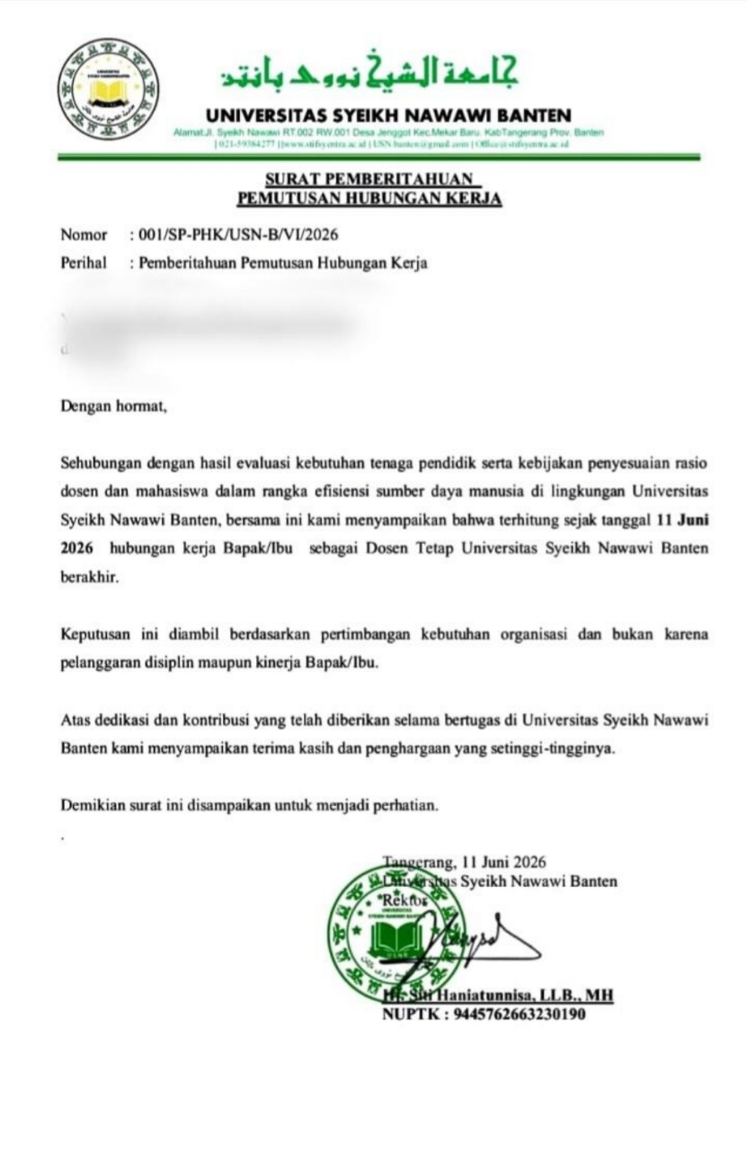 Surat PHK Universitas Syeikh Nawawi Banten