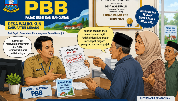 Warga Desa Walikukun menunjukkan dokumen tagihan Pajak Bumi dan Bangunan (PBB) yang kembali muncul meski desa mereka pernah menerima piagam pelunasan pajak dari Bupati Serang.