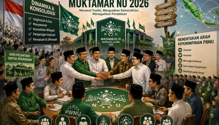 Ilustrasi dinamika politik menjelang Muktamar Nahdlatul Ulama 2026 yang memperlihatkan konsolidasi berbagai elemen organisasi dalam menentukan arah kepemimpinan PBNU.