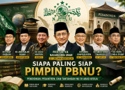 Ilustrasi sejumlah tokoh Nahdlatul Ulama yang masuk dalam bursa calon Ketua Umum PBNU dengan latar simbol pendidikan dan pesantren.