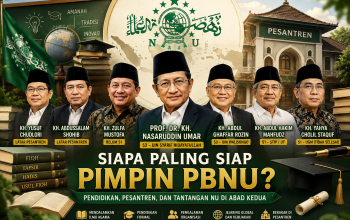 Ilustrasi sejumlah tokoh Nahdlatul Ulama yang masuk dalam bursa calon Ketua Umum PBNU dengan latar simbol pendidikan dan pesantren.