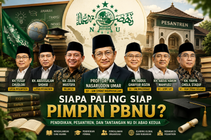 Ilustrasi sejumlah tokoh Nahdlatul Ulama yang masuk dalam bursa calon Ketua Umum PBNU dengan latar simbol pendidikan dan pesantren.
