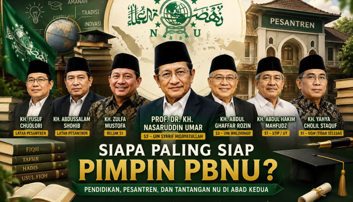 Ilustrasi sejumlah tokoh Nahdlatul Ulama yang masuk dalam bursa calon Ketua Umum PBNU dengan latar simbol pendidikan dan pesantren.