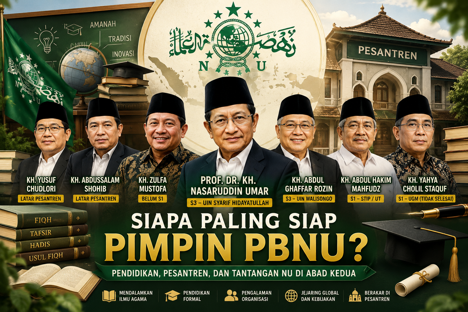 Ilustrasi sejumlah tokoh Nahdlatul Ulama yang masuk dalam bursa calon Ketua Umum PBNU dengan latar simbol pendidikan dan pesantren.