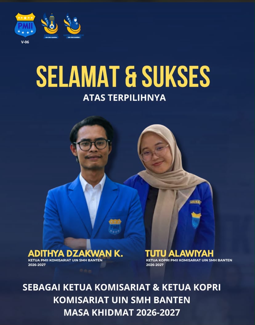 Ketua terpilih PK PMII UIN SMH Banten, Adithya Dzakwan Khairullah dan Tutu Alawiyah Ketua KOPRI PK PMII UIN SMH Banten Masa Khidmat 2026-2027 bersama kader usai pelaksanaan Rapat Tahunan Komisariat (RTK) Ke-XXVII di Saung Paniisna, Kota Serang, Senin, 21 September 2026
