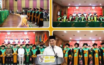 Rektor UIN SMH Banten bersama lima guru besar baru usai prosesi pengukuhan dalam Sidang Senat Terbuka Dies Natalis ke-64 di Auditorium Gedung Rektorat, Kamis (15/10/2026).