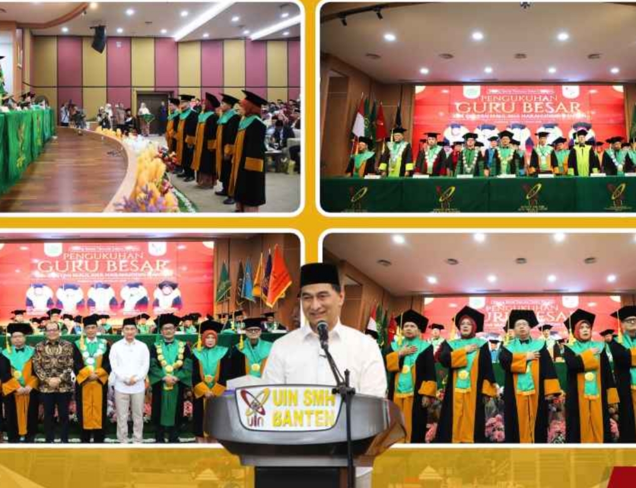 Rektor UIN SMH Banten bersama lima guru besar baru usai prosesi pengukuhan dalam Sidang Senat Terbuka Dies Natalis ke-64 di Auditorium Gedung Rektorat, Kamis (15/10/2026).