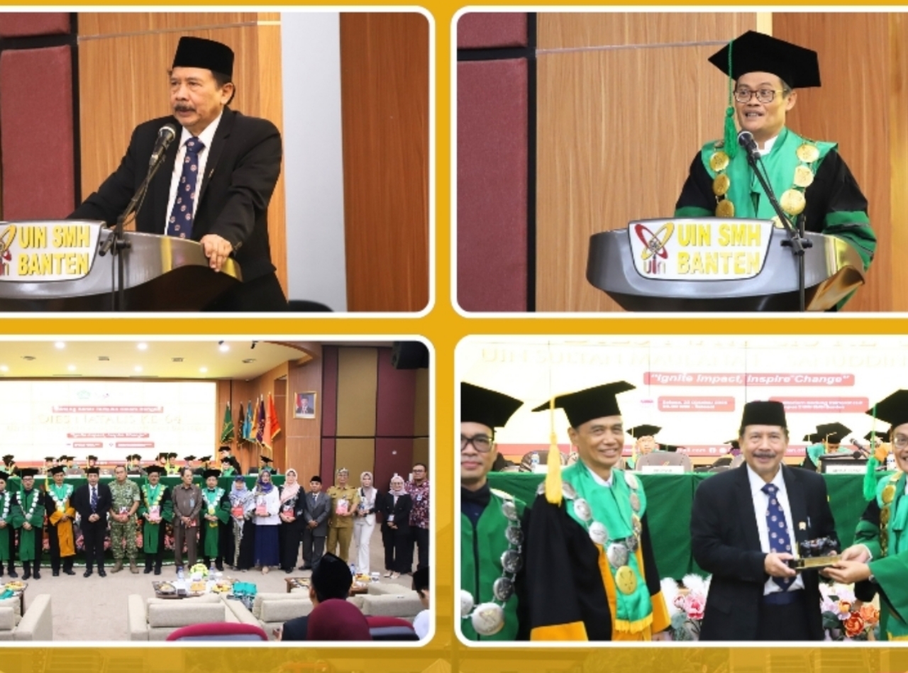 Rektor UIN Sultan Maulana Hasanuddin Banten Prof. Dr. H. Muhammad Ishom, M.A. bersama Kepala BPIP RI Prof. Drs. K.H. Yudian Wahyudi, M.A., Ph.D. menghadiri Sidang Senat Terbuka Dies Natalis Ke-64 UIN SMH Banten di Auditorium Gedung Rektorat Kampus 2, Selasa (20/10/2026).